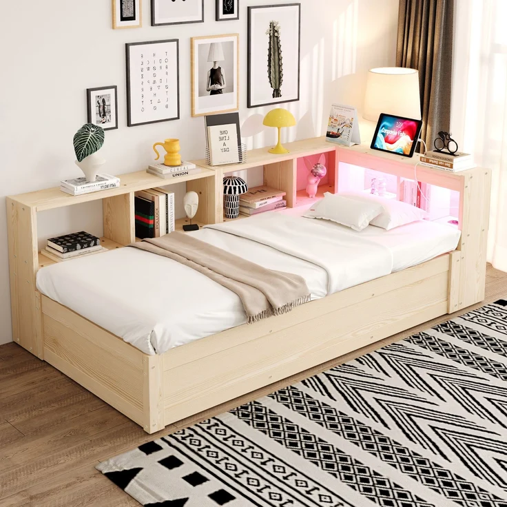 Multifunktionsbett 90×200 cm mit Bettkasten, LED-Lichtleiste und Steckdose, Holzfarbe, ohne Matratze – Bild 4