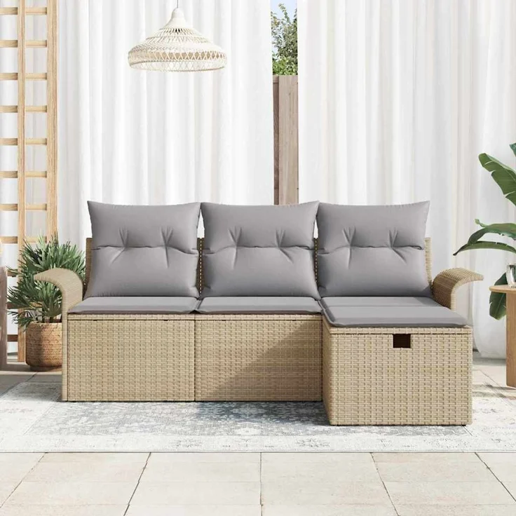 vidaXL Garten-Sofa-Set mit Kissen mit Speicher 4 pcs Beige Poly Rattan 3360181 – Bild 3