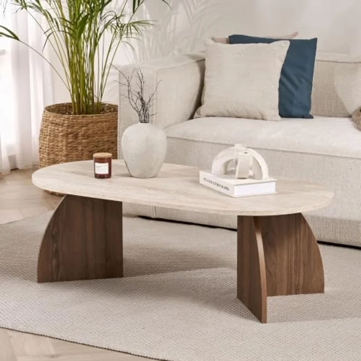 Hanah Home Stilvoller Couchtisch, 120 cm x 60 cm x 40 cm | 100% melaminbeschichtete Spanplatte, 18 mm stark | Elegante Oberfläche in Travertin- und Venezia-Walnuss-Optik, Tragkraft 25 kg – Bild 4