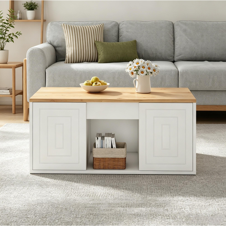 DESVIAE Couchtisch höhenverstellbar mit 2 Schranktüren 95x46x45 cm Spanplatte Weiß/Naturholz