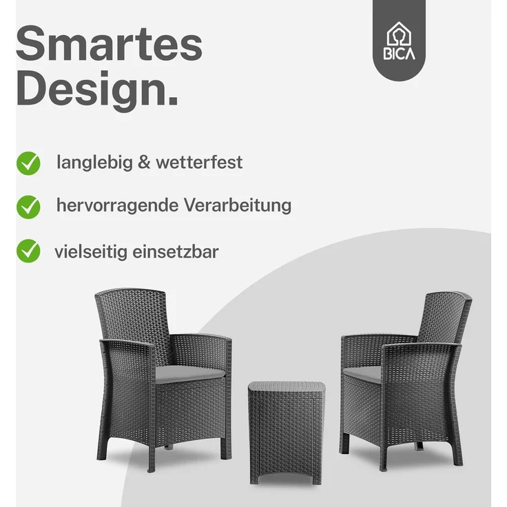 BICA Lido Balkonset 3-teilig, 2 Sessel, Beistelltisch und Sitzkissen, Graphit, Gartenmöbel-Set, Wetterfest – Bild 2