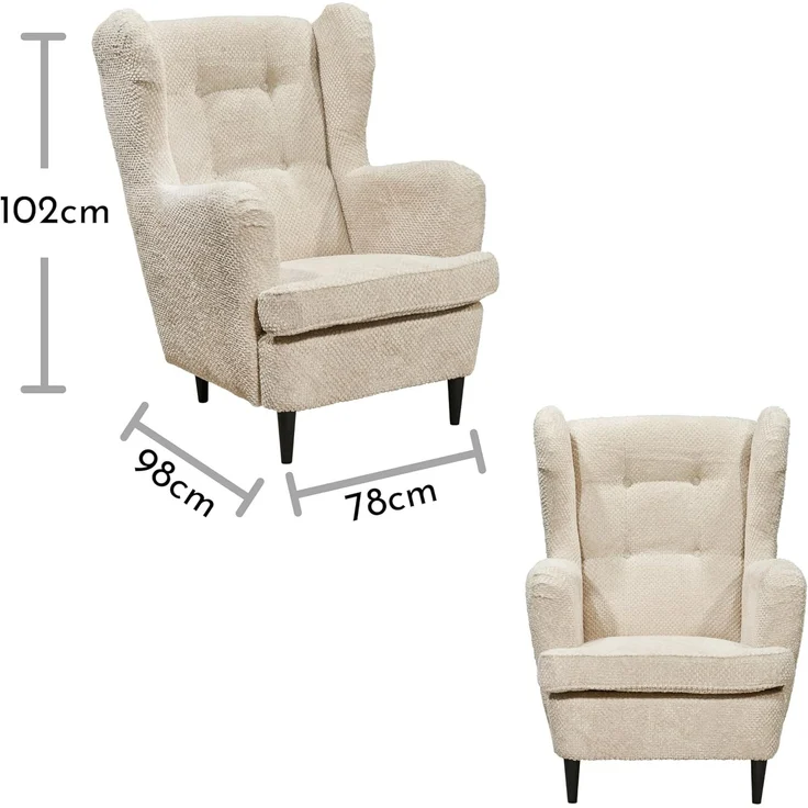 OSKAR Ohrensessel mit geknöpfter Polsterung, Ivory - Vintage Wohnzimmer Sessel mit Massivholz Füßen - 78 x 102 x 98 cm (B/H/T) – Bild 3