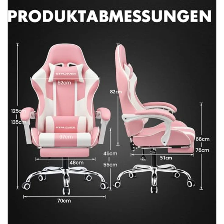 GTPLAYER Gaming Stuhl, Bürostuhl, Ergonomischer Pc Stuhl, Gaming Sessel mit Massagelendenwirbelstütze, Task Stühle mit Fußstütze und Kopfstütze, Rosa Kunstleder – Bild 4