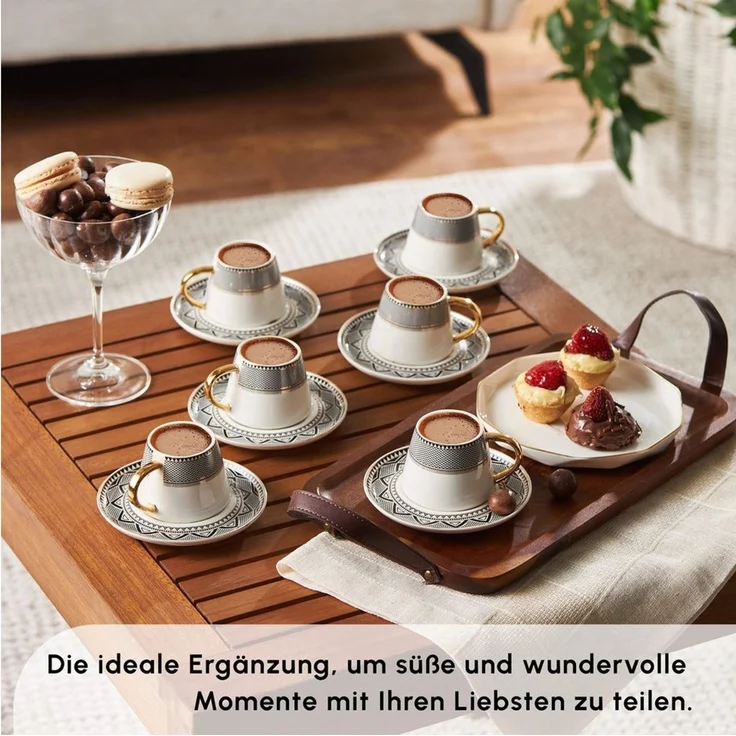 Karaca Kaffeeservice Karaca Globe 80 ml Kaffeetasse mit Untertasse Set 6 Personen, Schwarz – Bild 3