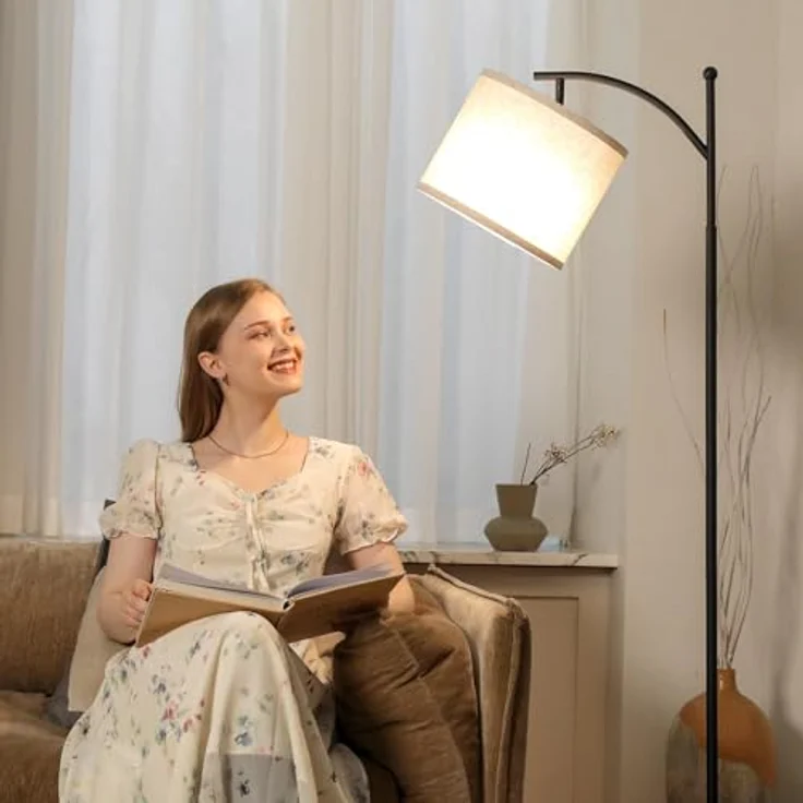 ROTTOGOON Stehlampe für Wohnzimmer mit 3 Farbtemperaturen LED Glühbirne Stehlampen Hoch Industrielle Stehlampe Lesen für Schlafzimmer Büro (9W LED-Glühbirne Beige Lampenschirm enthalten) Schwarz – Bild 5
