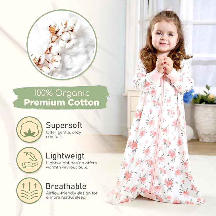 Mama Cheetah Baby Schlafsack mit Ärmeln, 0.5 TOG Bio-Baumwolle Wearable Blanket und Zwei-Wege-Reißverschluss, Swaddle Transition Long Sleeve Sleep Sack für Neugeborene to Kleinkind, 6-12 Monate – Bild 2