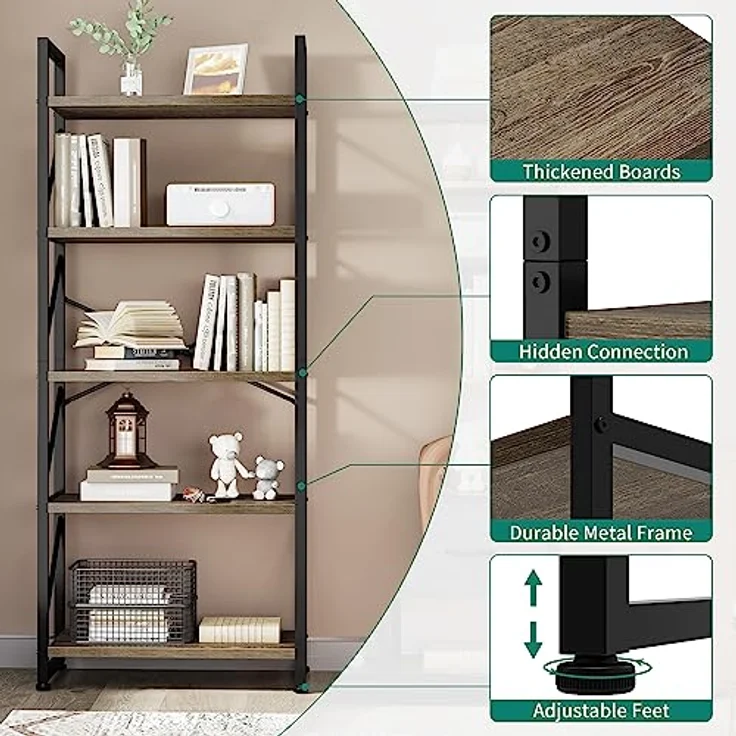 YITAHOME Bücherregal mit 5 Ebenen, Industrielles Standregal Aufbewahrungsregale für Wohnzimmer Bücher Schlafzimmer Büro Küche Zeitschriften, Grau – Bild 5