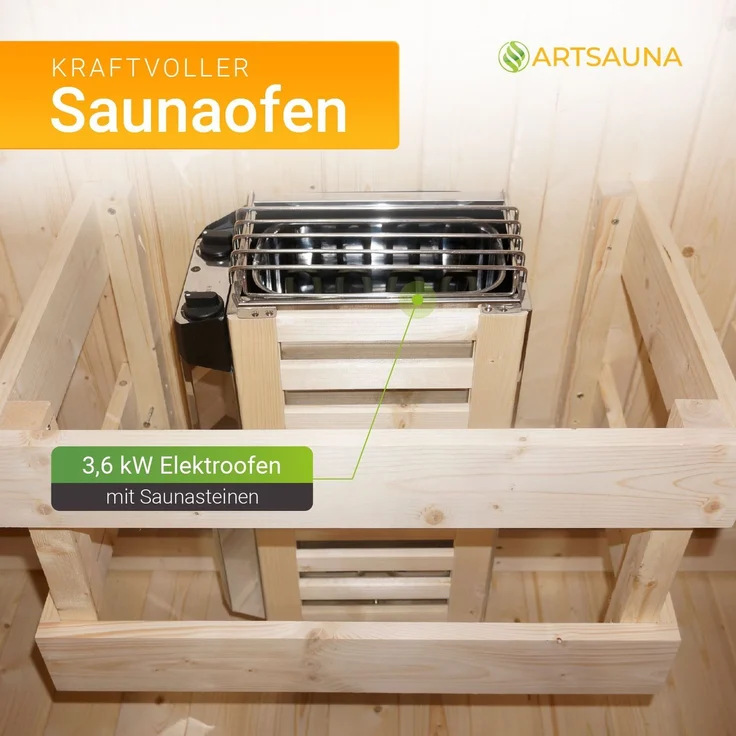 Artsauna Fasssauna Nolvik M, Outdoor-Sauna aus Fichtenholz, 3,6 kW Ofen, LED, Komplettset mit Sanduhr, Eimer & Thermometer, winterfest, Cube Design – Bild 5