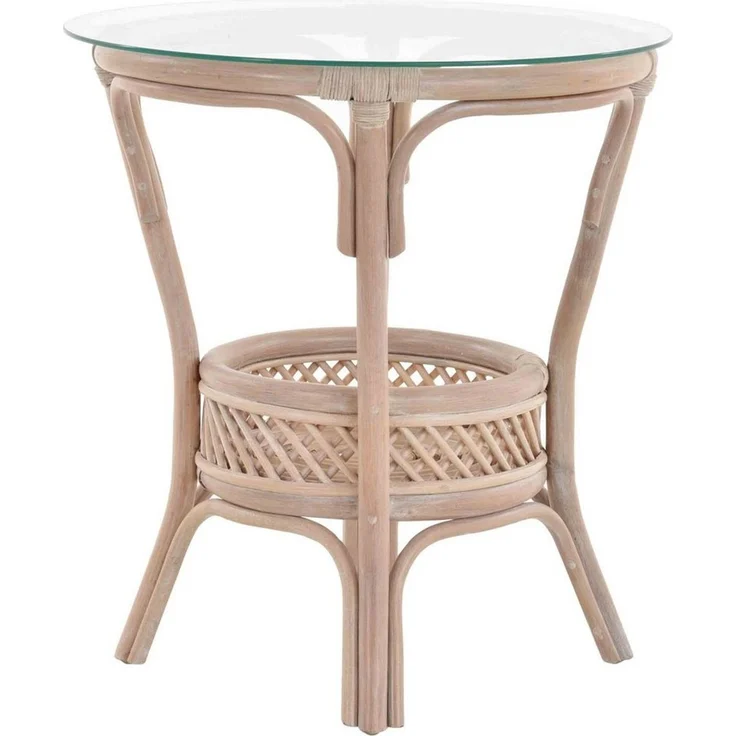Krines Home Beistelltisch RattanTisch Beistelltisch Landhaus Rattantisch mit Glasplatte, Ø 59cm, Wohnzimmer Kaffetisch – Bild 3