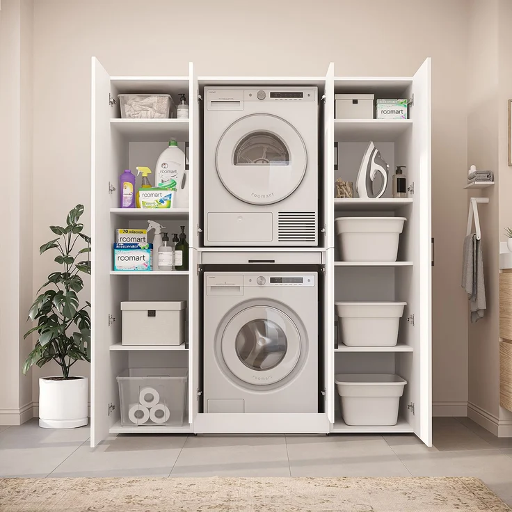 Roomart Waschmaschinenschrank - DORA-I- 160 cm breit - Wasch- & Trocknerschrank mit 2 Hochschränken, Türen & Ausziehbrett, Waschmaschinen-Überbau für Waschküche & Hauswirtschaftsraum • Weiß – Bild 4