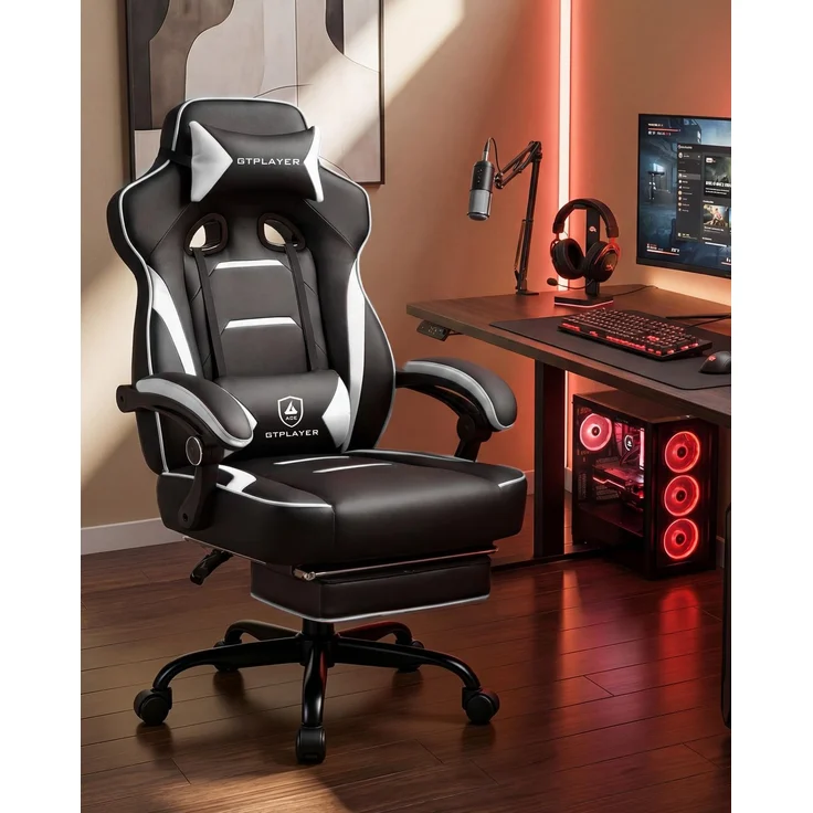 GTPLAYER Gaming Stuhl mit Fußstütze, Ergonomischer Bürostuhl 180kg, Schwerlast Gaming Sessel mit Lendenwirbelstütze und Kopfstütze, Höhenverstellbarer Computerstuhl, Gepolstert, neigbare 155°, weiß – Bild 3