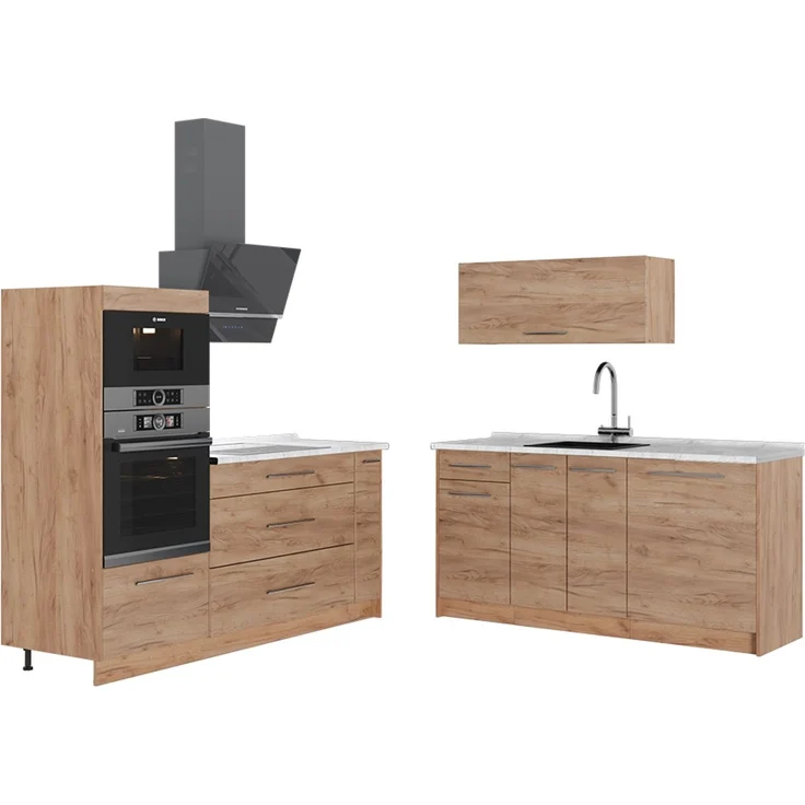 Küchenzeile Fame-Line Goldkraft Eiche/Goldkraft Eiche 340 cm, AP Marmor Vicco – Bild 1
