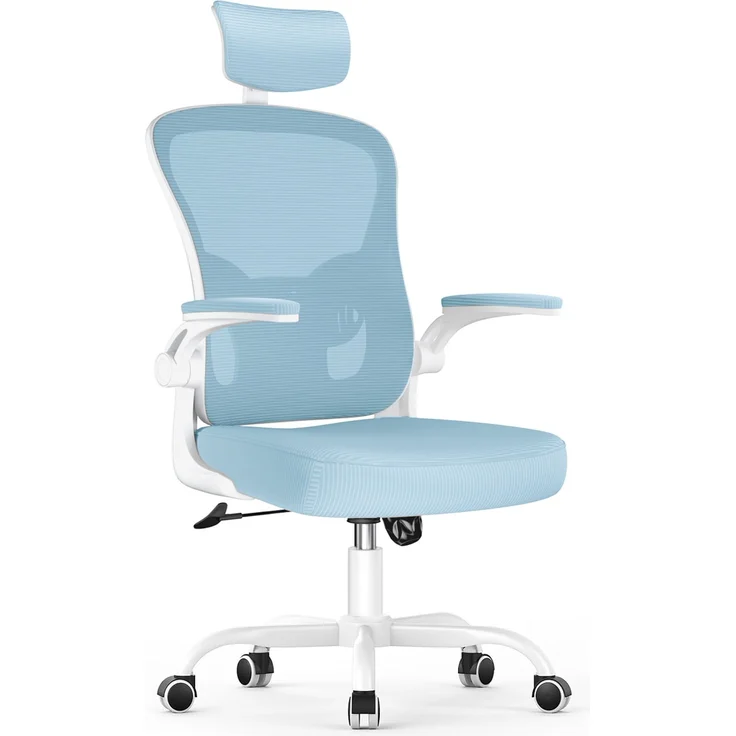 Botifly Ergonomischer Bürostuhl mit Kopfstütze, Mesh-Gewebe, Hellblau, 90°-120° Wippfunktion, 10 cm Höhenverstellbar – Bild 1