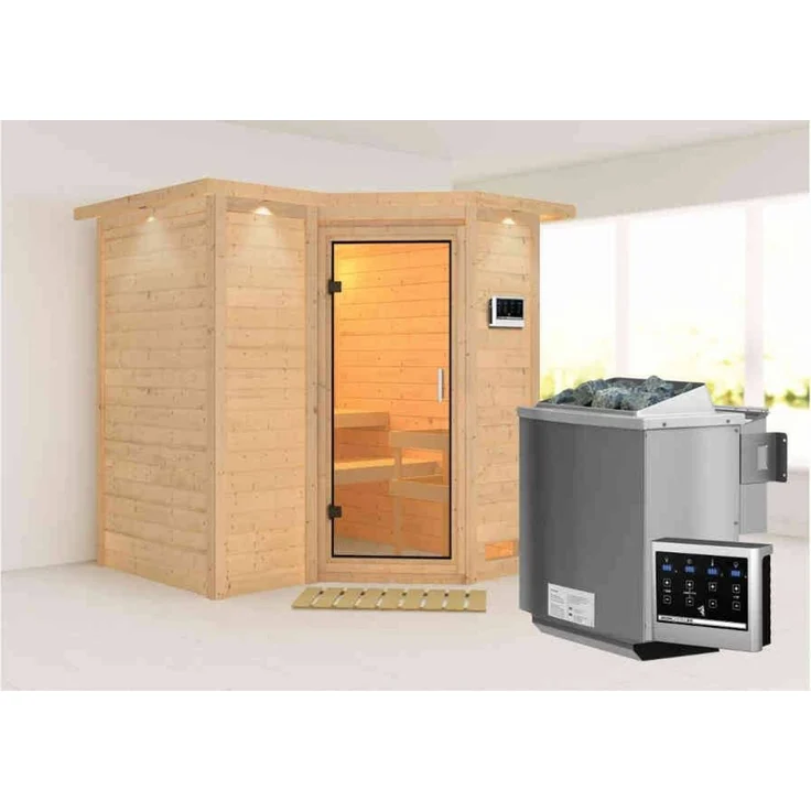 Karibu Sauna Sahib 1 mit Dachkranz + 9kW BIO-Kombiofen mit ext. Steuerung Easy Graphit-Ganzglastür – Bild 6