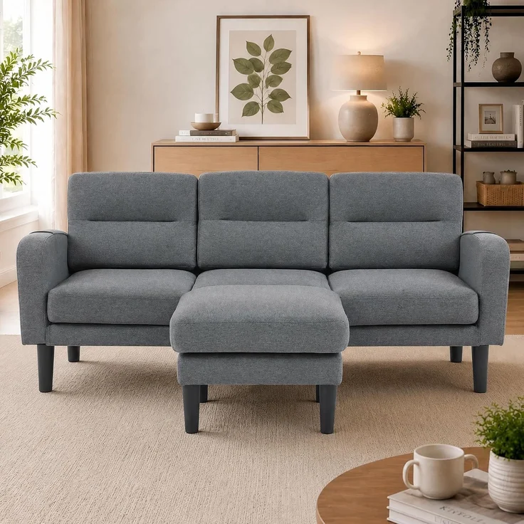 Merax 204cm Ecksofa, L-Form Sofa, 3-Sitzer mit Chaiselongue, kleines Ecksofa aus, An der Seite befindet sich eine Aufbewahrungstasche, 10 Sofabeine, Grau – Bild 9