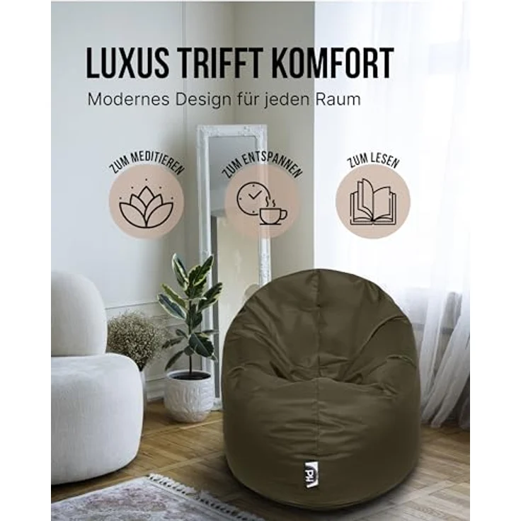 PATCH HOME 2-in-1 Sitzsack Sessel - Gaming Bean Bag mit Reißverschluss - Bereits befüllt, Ergonomisch & Robust für Kinder & Erwachsene - Indoor & Outdoor, Wetterfest (Khaki, 155cm) – Bild 8