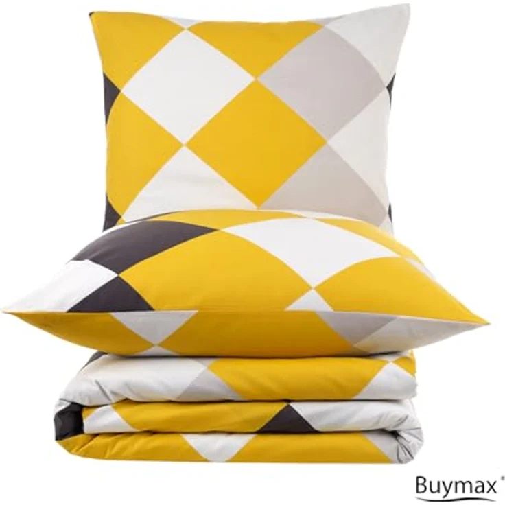 Buymax Bettwäsche Anaga, Bettgarnitur, Bettbezug Set, Renforce: 100% Baumwolle, 2 teilig, mit Reißverschluss, modern gemustert, Karo, Gelb, 135x200 cm – Bild 6