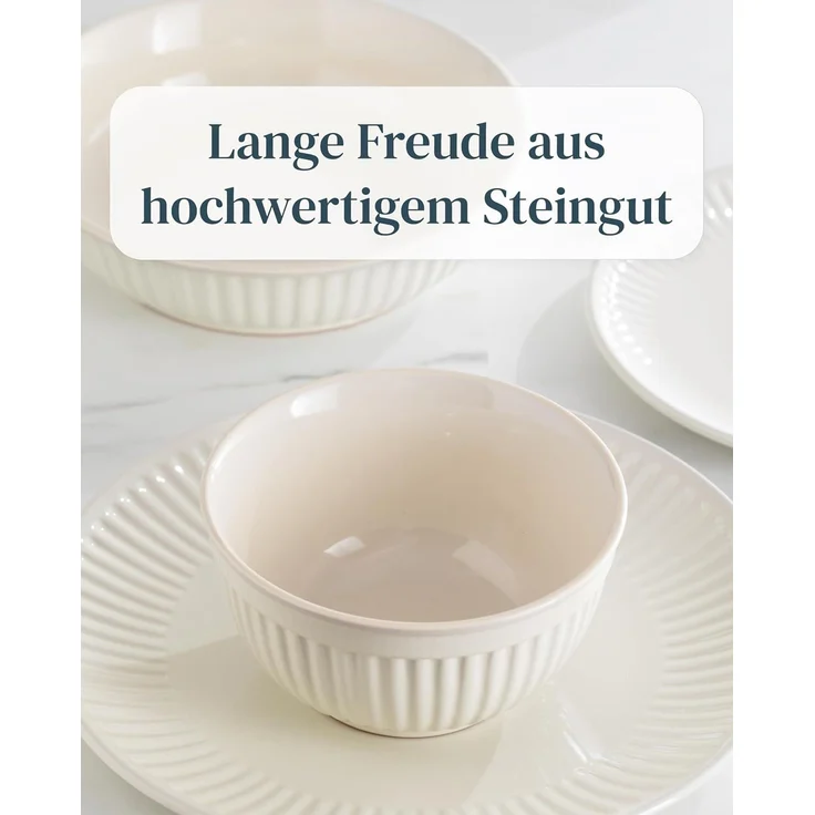 Steingut Geschirrset 6 Personen Hygge 24 tlg. TESTSIEGER, Traumhaftes Skandinavisches Steingut Geschirr Set, Schüssel- und Teller Set, Tafelservice 6 Personen, Geschirrsets Pure Living in Beige – Bild 6