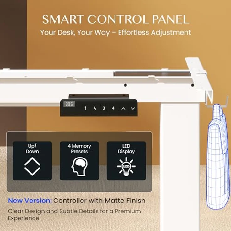 FLEXISPOT Höhenverstellbarer Schreibtisch Gestell, Elektrisch Tischbeine mit 2 Motoren & LED-Höhenanzeige & 4 Speicherfunktionen, inkl. 2 Haken & Kabelmanagement, Weiß – Bild 5