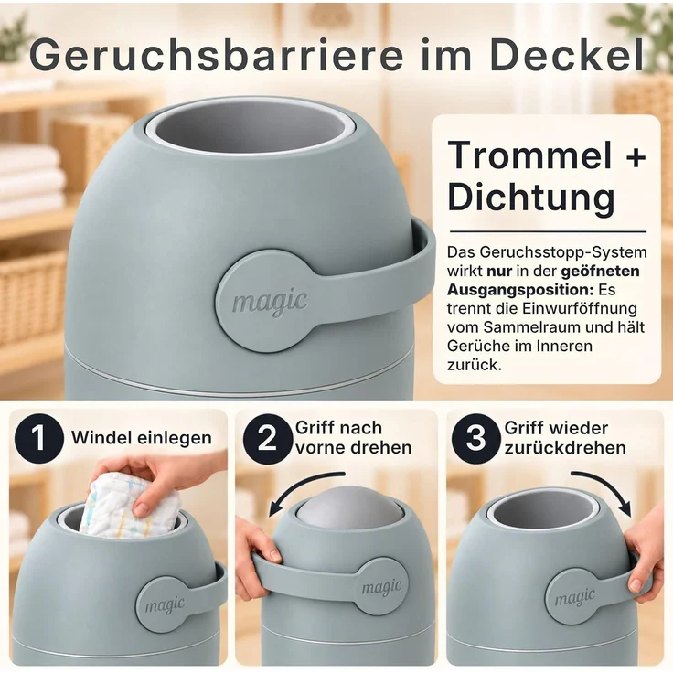 Set Magic Windeleimer, Abfalleimer mit Geruchsstopp, ohne Kassette + Windel – Bild 4