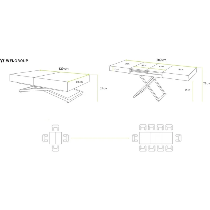 WFL GROUP Couchtisch Cavetta U höhenverstellbar ausziehbar mit schwarzen Metallbeinen (erhältlich in einer Größe – 120x80x27-76 cm, ausziehbar auf 200 cm), industrial Tisch in Holzoptik für Küche, Esszimmer oder Wohnzimmer – Bild 2