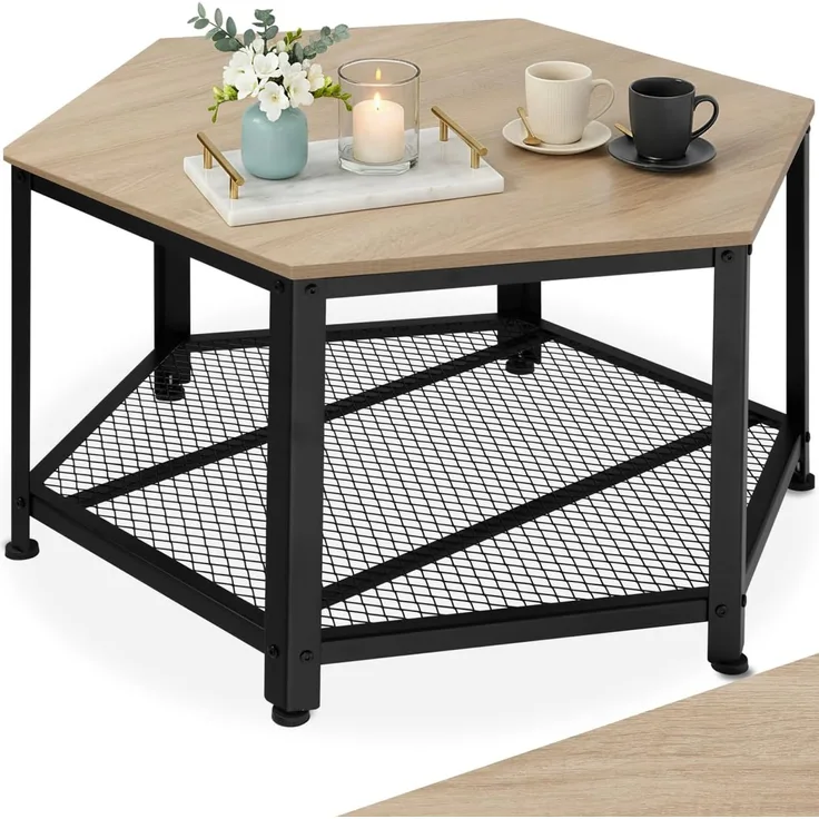 tectake Couchtisch Beistelltisch Norwich 86,5x75x46,5cm (1-St, 1 tlg), Sechseckiger Couchtisch im minimalistischen Industrial Style