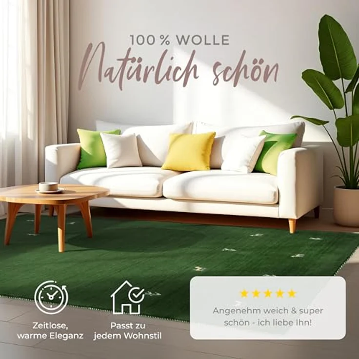 carpetfine 'Gabbeh Uni' Wollteppich, reine Wolle, Grün, 120 x 170 cm – Bild 3