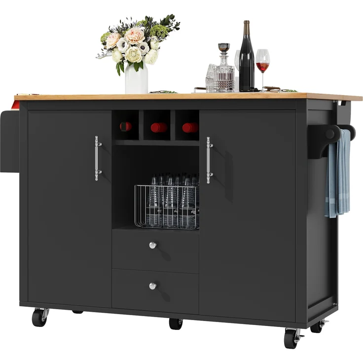 Kücheninsel mit Stauraum und klappbarer Arbeitsplatte, Küchenwagen mit Schubladen, Doppeltüren, Weinregal, Handtuch- & Gewürzhalter, 92.2cmx137.9cmx45-73cm, Schwarz – Bild 10