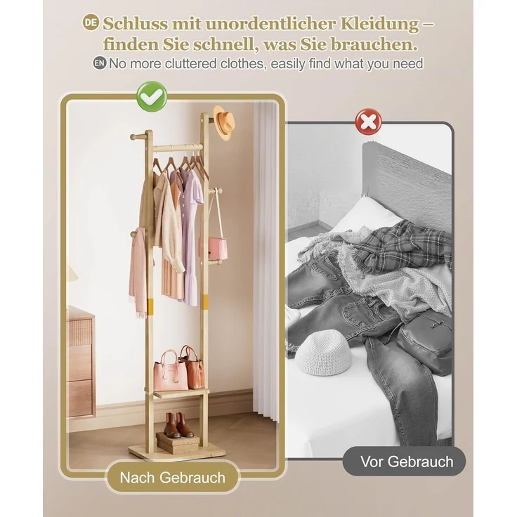 Yorbay Kleiderständer Garderobenständer aus Massivholz mit Ablagebrettern & Haken, Offener Kleiderschrank für Flur, Schlafzimmer – Bild 6