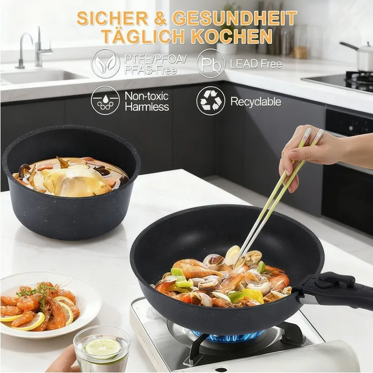 PFCTART Topf-Set Pfannenset 15-tlg. mit Griff – Kochtopf & Topfset Induktion geeignet, Aluminium, Granit (Set, 15-tlg, Für alle Herdarten inkl. Induktion – backofengeeignet bis 220 °C), Platzsparend stapelbar & leicht zu reinigen – ideal für kleine Küchen