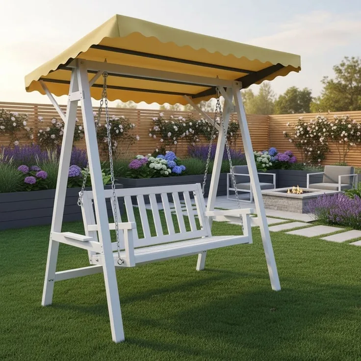 Hollywoodschaukel Weiß/Grau Holz Gartenbank Outdoormöbel Hängeliege Sonnendach