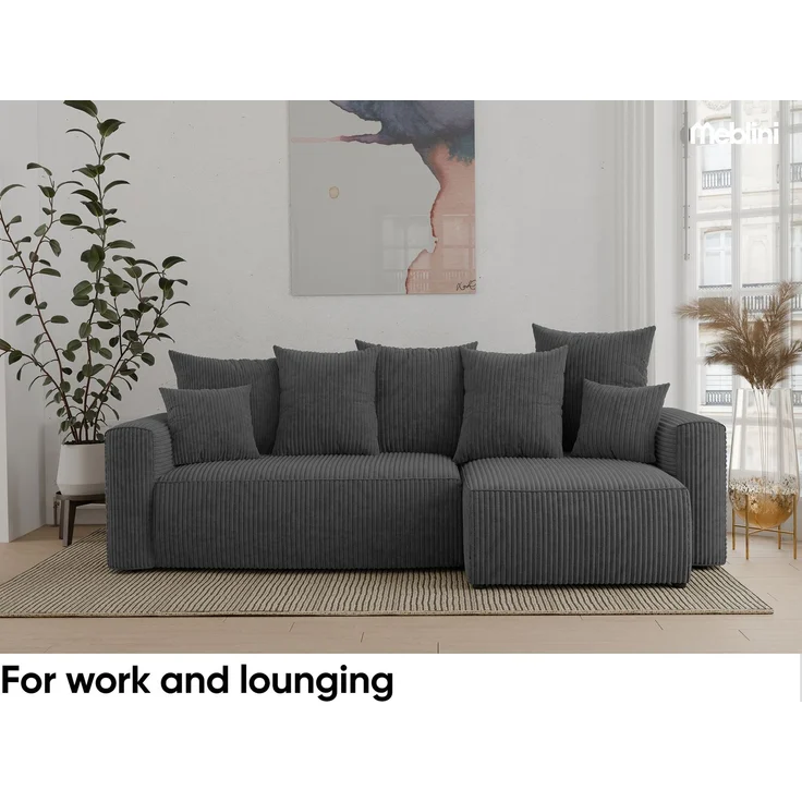 MEBLINI Schlafcouch mit Bettkasten - 238x142x73cm - Dunkelgrau Cordstoff - DAVE - Kleines Ecksofa mit Schlaffunktion - Sofa mit Relaxfunktion und Kissen - Kleine Couch L-Form - Eckcouch – Bild 3