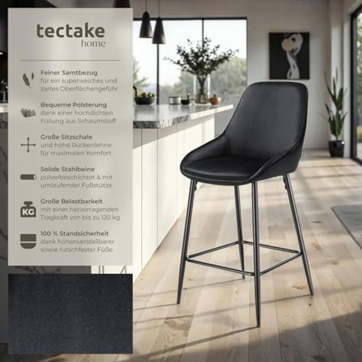 tectake Thekenstuhl Siera, Barhocker aus Samt in Schwarz, 49x100x54 cm, höhenverstellbare Kunststofffüße, Fußstütze, ergonomische Rückenlehne – Bild 4