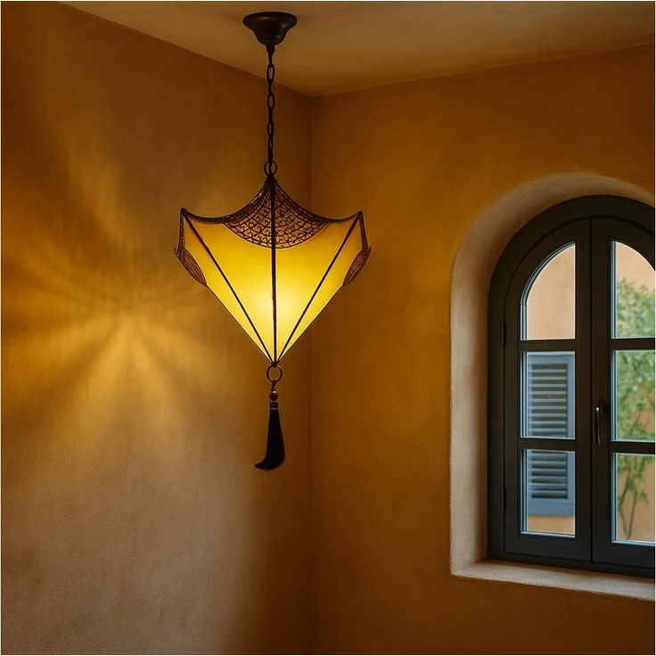 Marrakesch Orient & Mediterran Interior Pendelleuchte Deckenlampe Berfu aus Leder Beige-Gelb 50cm, Mediterrane Lederlampe, ohne Leuchtmittel, Handarbeit – Bild 2