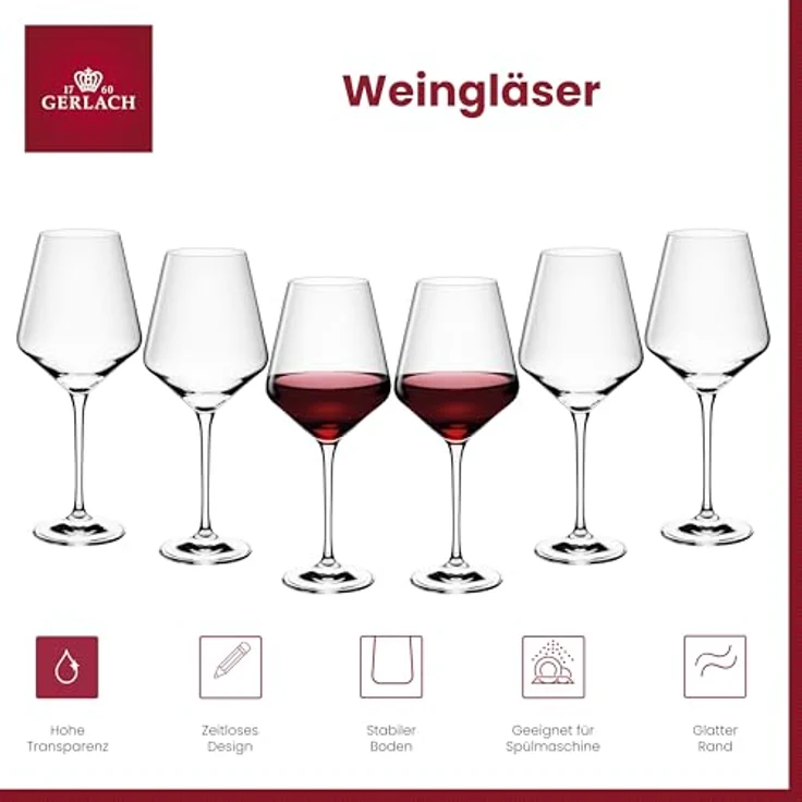 Gerlach 1760 Weingläser Rotweingläser Gläser Set 6 Stück 550 ml Rotweinkelche Kristallglas Wein Glas Spülmaschinenfest Modern, Rot – Bild 3
