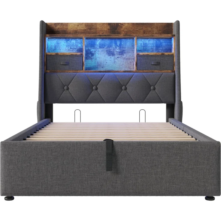 Polsterbett 90x200 mit LED-Stimmungslicht, USB & Typ-C Ladeanschlüssen, Stauraum, Kopfteilregal, Stofftaschen, inkl. Matratze – Bild 9