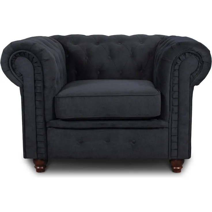 Sessel Chesterfield Asti - Couch, Couchgarnitur, Couchsessel, Loungesessel, Stühl, Holzfüße - Glamour Design (Schwarz (Capri 19))