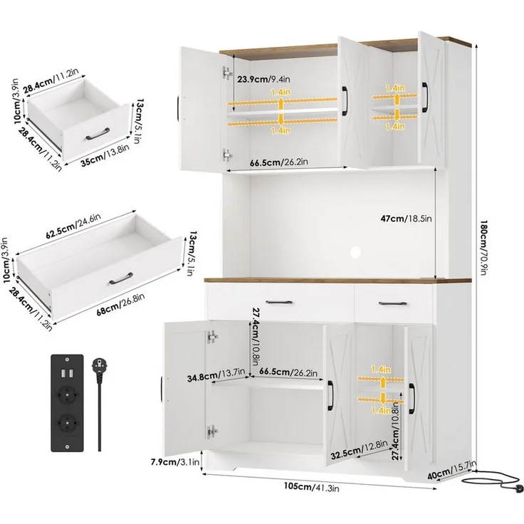 HOMECHO Küchenbuffet Weiß Küchenschrank mit Steckdosen, 6 Türen, 2 Schubladen, 180x105x38cm