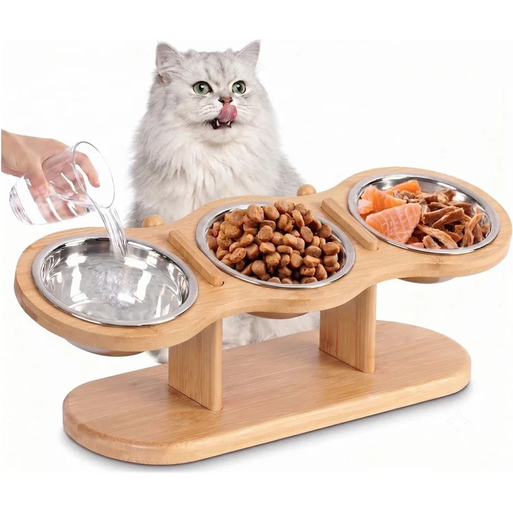 SURFOU Napf-Set Katzennäpfe Erhöht Futterstation Katze 15°Gekippte Höhe Verstellbar, Futternapf Erhöht mit 3 Edelstahl Schüsseln für Katzen,Kleine Hunde – Bild 1