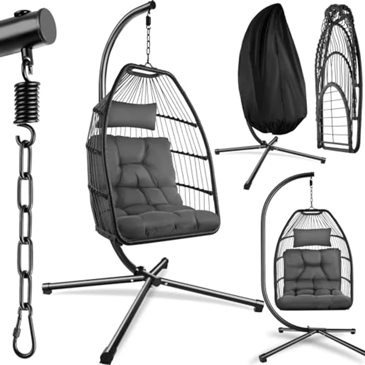 tectake Hängesessel Ariane, Dunkelgrau, Textil, robustes Stahlgestell, belastbar bis 160 kg, mit Schutzhülle, 98x202x107 cm – Bild 1