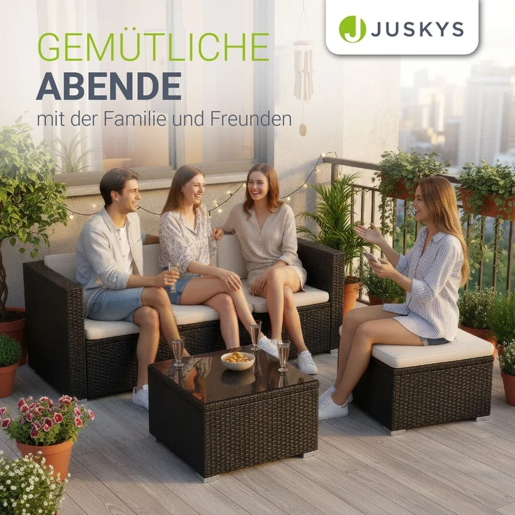 Juskys Polyrattan Lounge Punta Cana M schwarz inkl. Abdeckung – Gartenlounge Set für 3-4 Personen – Sitzgruppe mit Sofa, Tisch & Hocker - Sitzbezüge in Creme – Bild 7