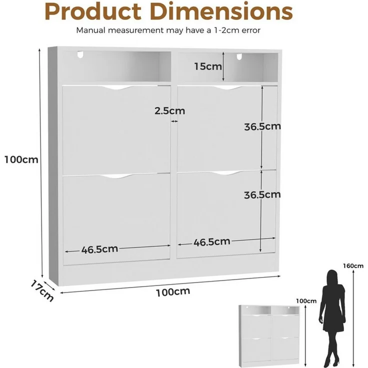 ELUCHANG Schuhschrank Schmal mit 4 Klappen Platzsparender (1-St) 100×17×100cm, weiß – Bild 3