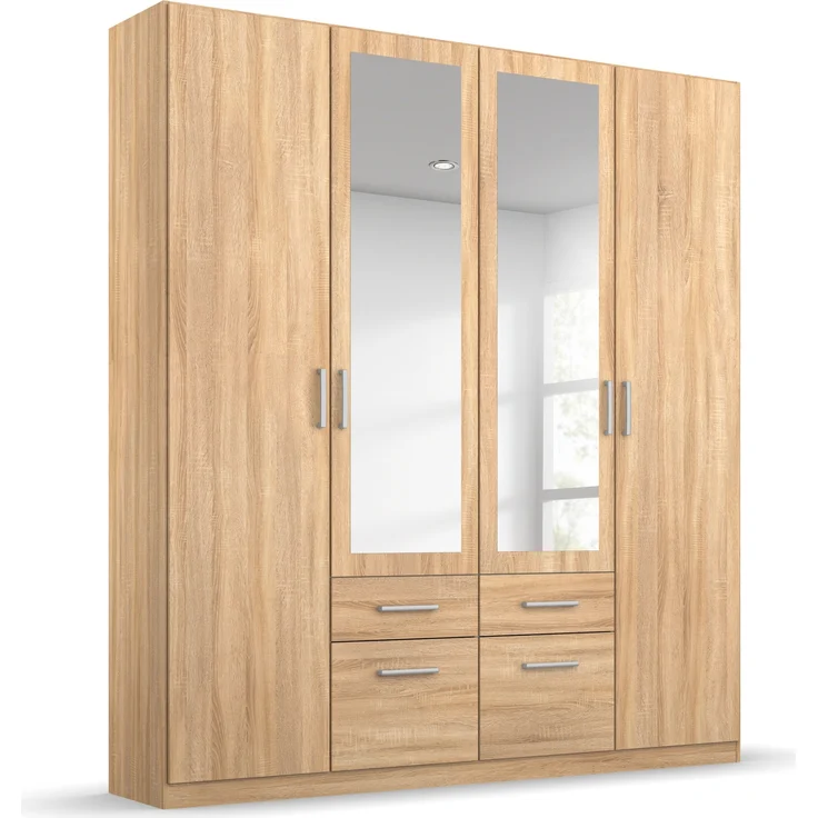 rauch Kleiderschrank, Drehtürenschrank BINGEN, 4-türig, 2 Spiegeltüren teilaufgelegt, 4 Schubkästen, Eiche Sonoma, 181 x 229 x 54 cm – Bild 3
