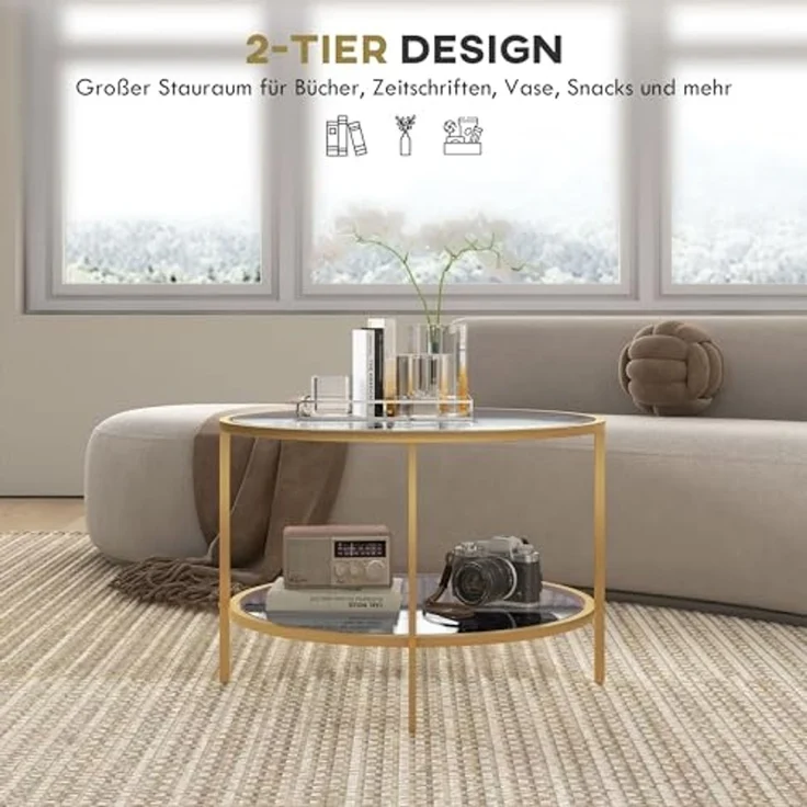 HOMCOM Beistelltisch mit Stauraum, aus gehärtetem Glas mit Stahlrahmen (Couchtisch, 1-St, Nachttisch), für Wohntimmer, Gold – Bild 4