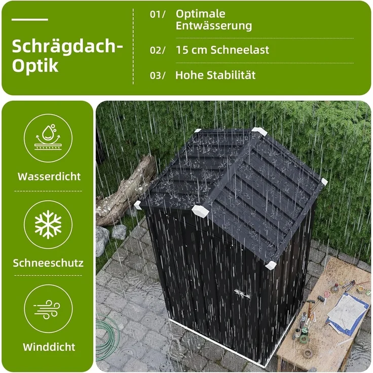 Aoxun Metall-Gartenschuppen 88x69x160cm mit Bodenplatte & 2 Ablagen | verstellbaren Ablagen, kompakter Gartenschrank wetterfestes Metall mit abschließbarer Tür für Balkon Terrasse Garten,Schwarz – Bild 6