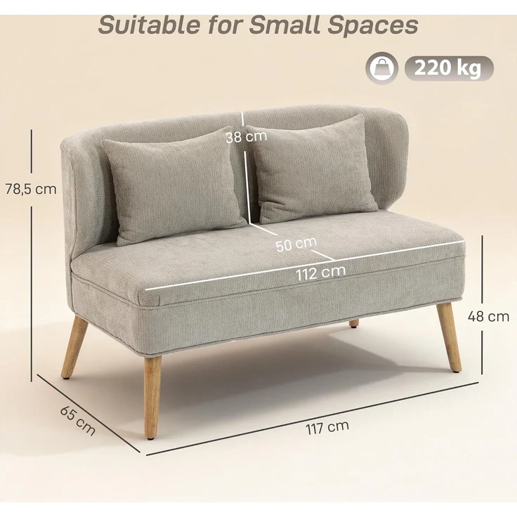 HOMCOM Loveseat kleine Couch mit Flügelrücken, 2 Wurfkissen (117 cm Dick Gepolstert Doppelsofa, 1-St, Modern Polstersofa), für Wohnzimmer, Schlafzimmer, Beige – Bild 3