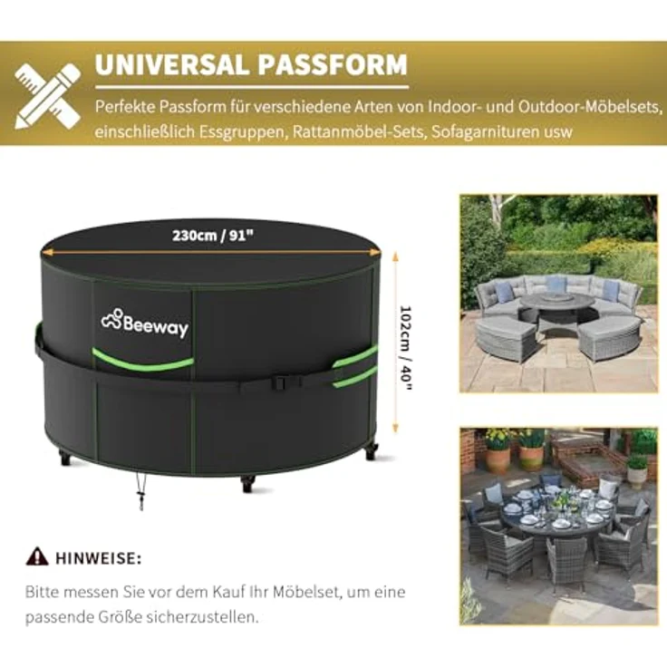 BEEWAY Gartenmöbel Abdeckung V2.0, wasserdicht, Ø230x102cm, Rund, 420D Oxford-Gewebe, Anti-UV, winddicht, winterfest – Bild 2