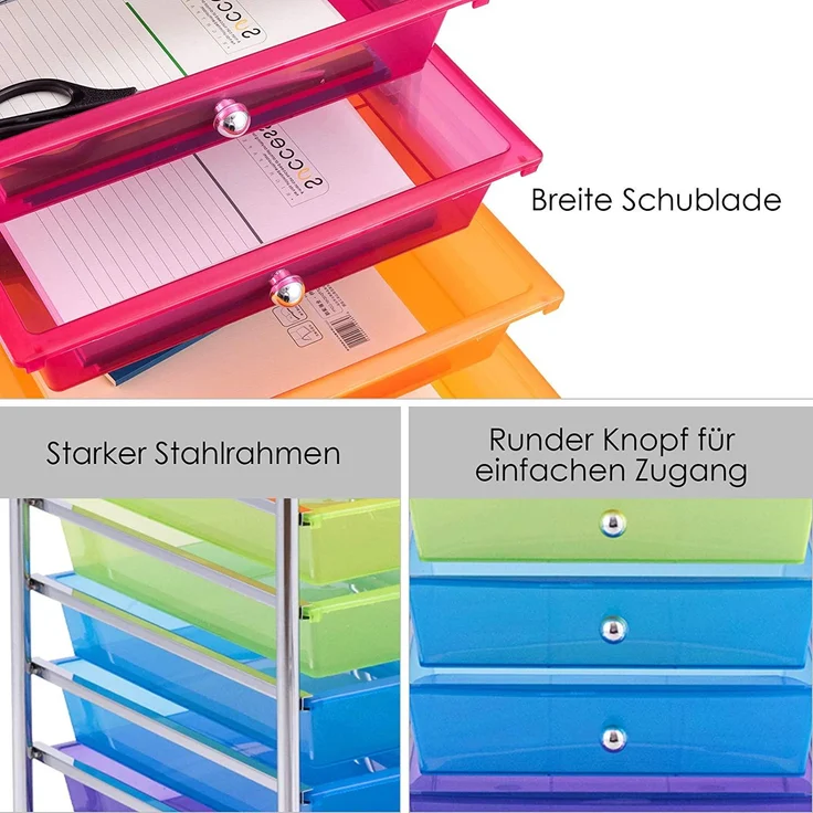 COSTWAY Rollwagen mit Schubladen Rollcontainer Badrollwagen Badtrolley Badregal Beistellwagen mit 10 stapelbaren Schubladen Metallgestell Bunt – Bild 8