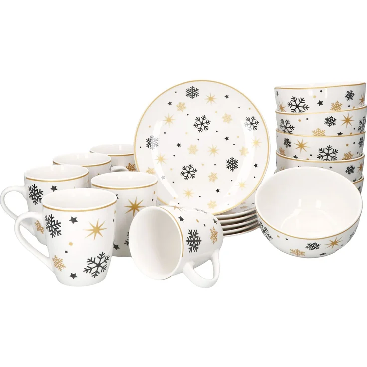 18tlg Frühstücksset Stars schwarz gold Steingut 6 Personen Teller Schale Becher – Bild 2