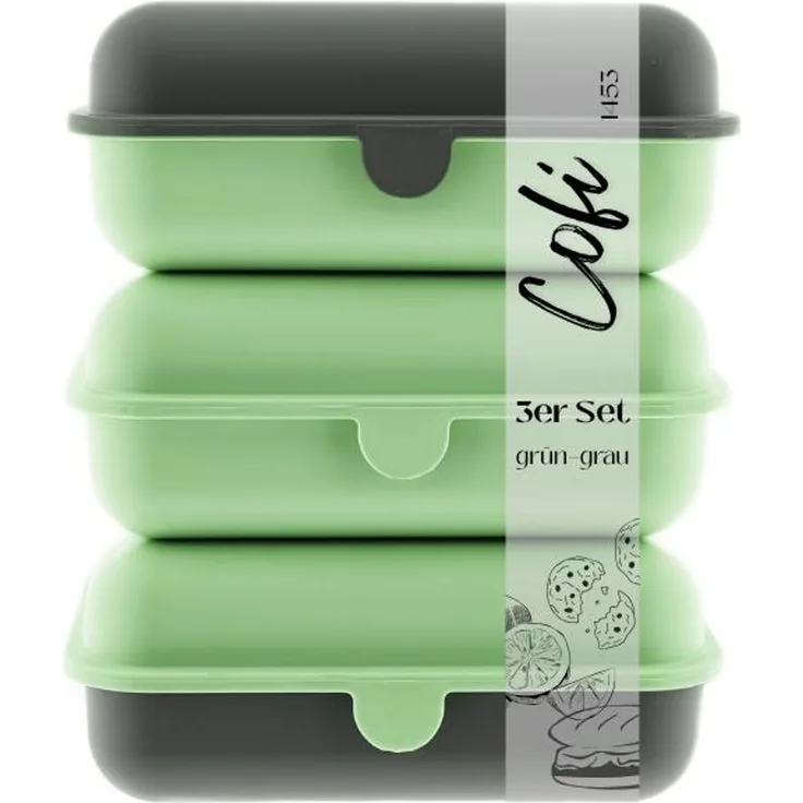 Cofi Brotdosen 3er-Set – Lunchbox / Frühstücksbox – BPA-frei, spülmaschinenfest, stapelbar, 1000 ml Grün-Grau